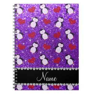 Personalised name purple glitter penguins hearts notebook