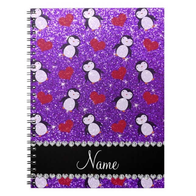 Personalised name purple glitter penguins hearts notebook (Front)