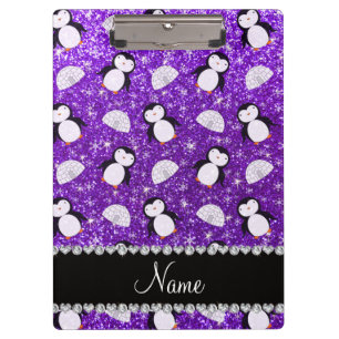 Personalised name purple glitter penguins igloos clipboard