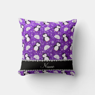 Personalised name purple glitter penguins igloos cushion