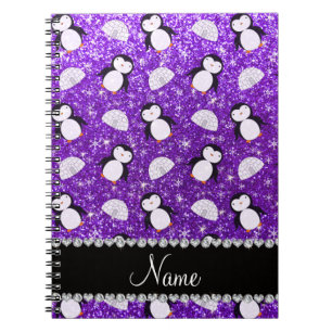Personalised name purple glitter penguins igloos notebook