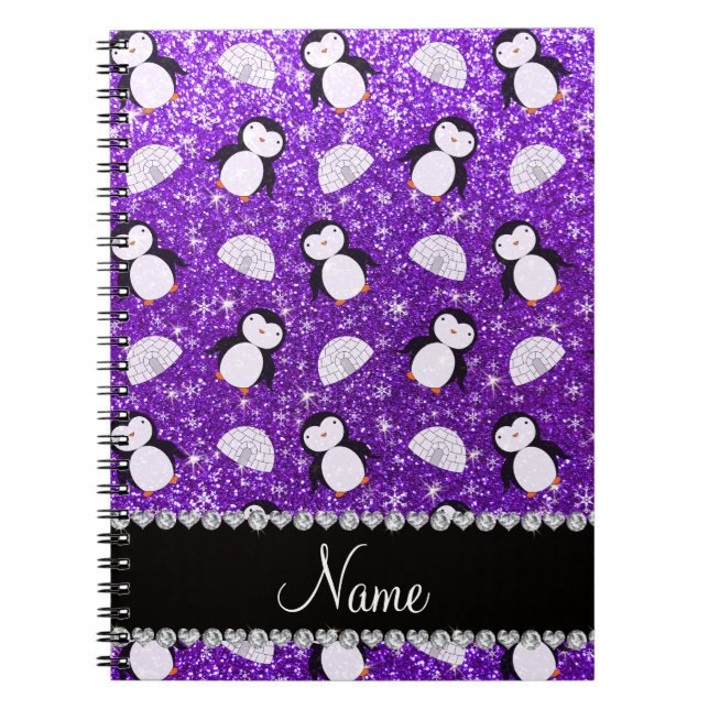Personalised name purple glitter penguins igloos notebook (Front)