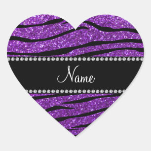 Personalised name purple glitter zebra stripes heart sticker