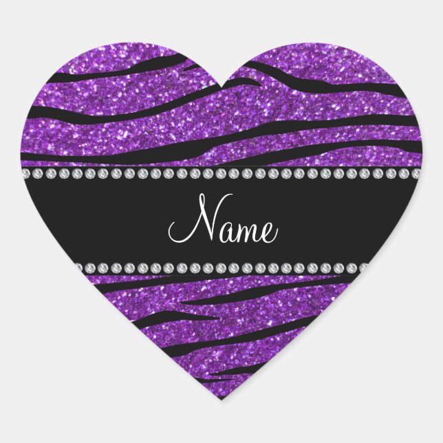 Personalised name purple glitter zebra stripes heart sticker (Front)