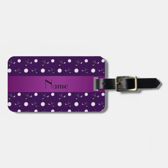 Personalised name purple golf balls luggage tag (Front Horizontal)