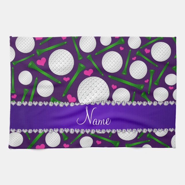 Personalised name purple golf balls tees hearts tea towel (Horizontal)