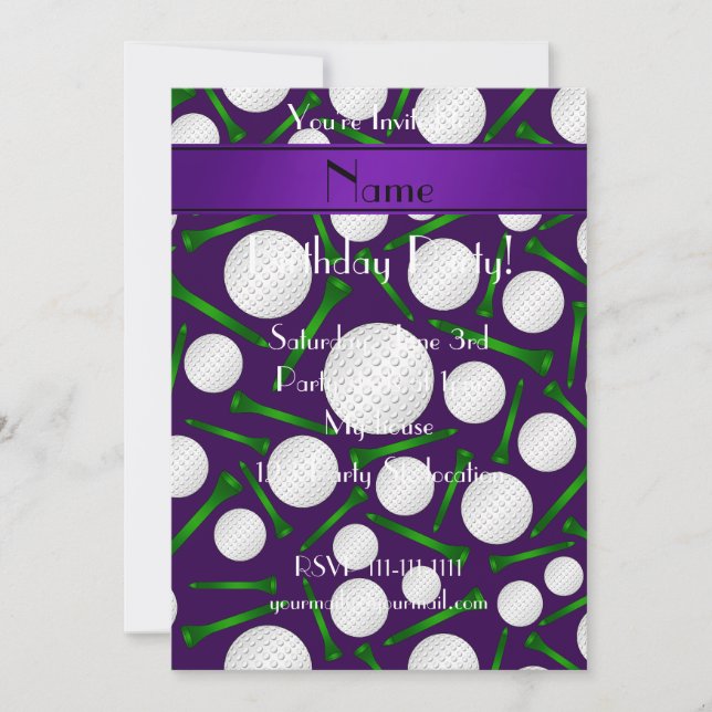 Personalised name purple golf balls tees invitation (Front)