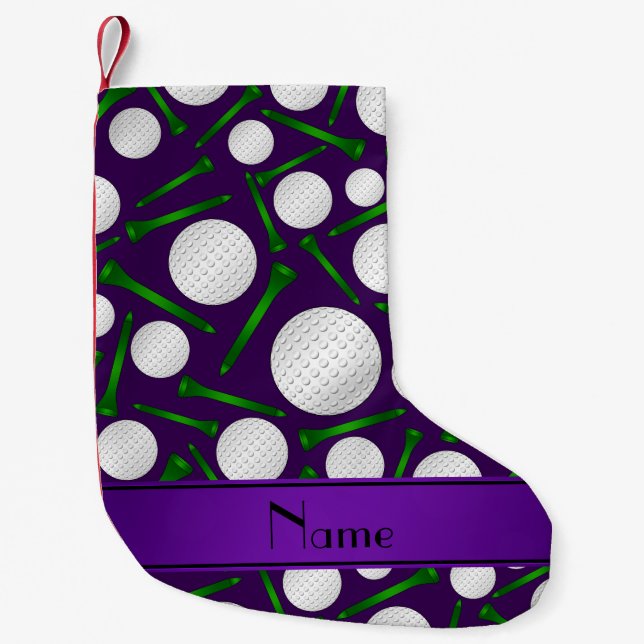 Personalised name purple golf balls tees small christmas stocking (Front)