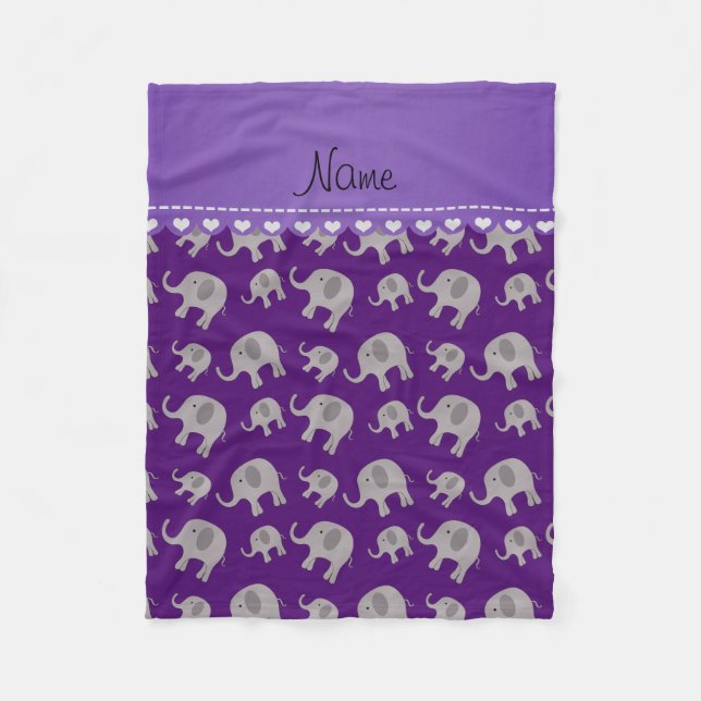 Personalised name purple grey elephants fleece blanket (Front)