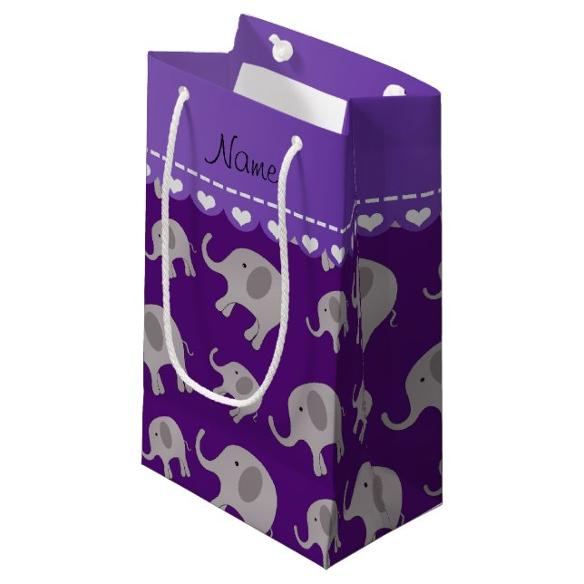Personalised name purple grey elephants small gift bag (Front Angled)