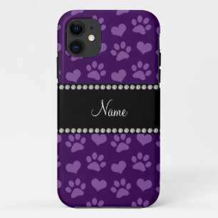Personalised name purple hearts and paw prints iPhone 11 case