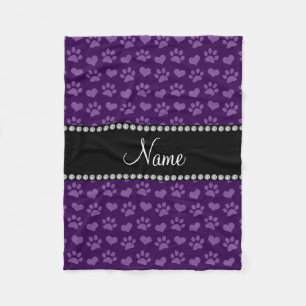 Personalised name purple hearts and paw prints fleece blanket