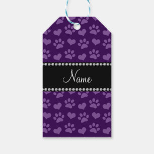 Personalised name purple hearts and paw prints gift tags