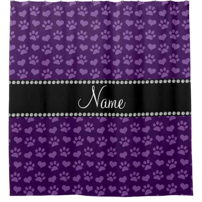 Personalised name purple hearts and paw prints shower curtain (Front)