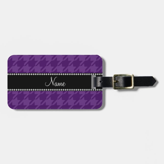 Personalised name purple houndstooth pattern luggage tag (Front Horizontal)