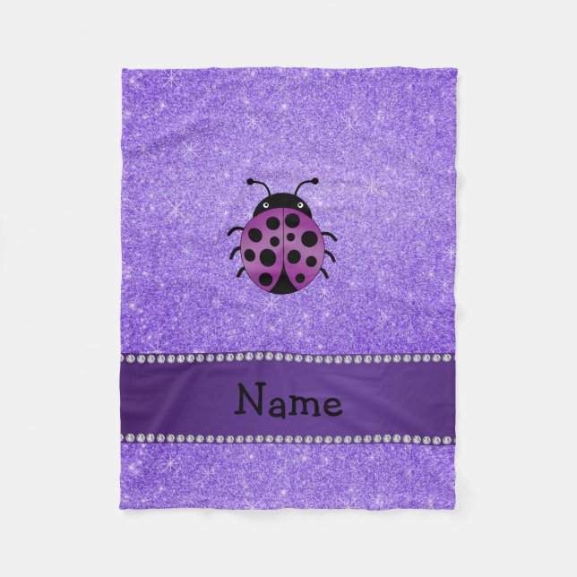 Personalised name purple ladybug purple glitter fleece blanket (Front)