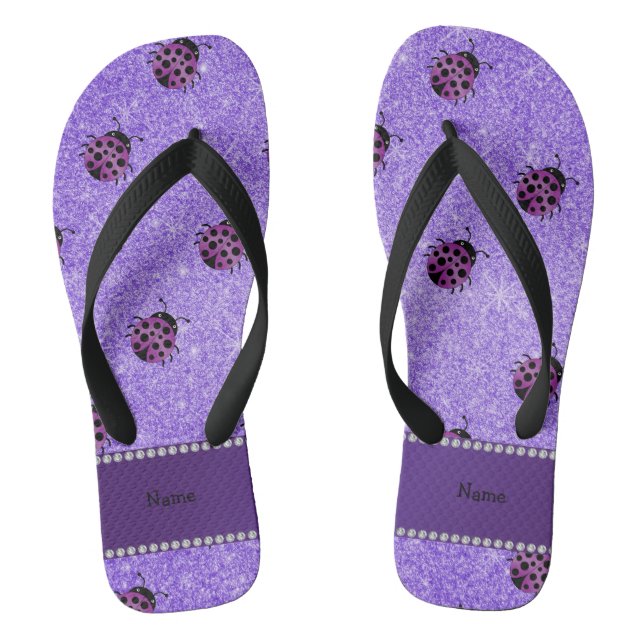 Personalised name purple ladybug purple glitter flip flops (Footbed)