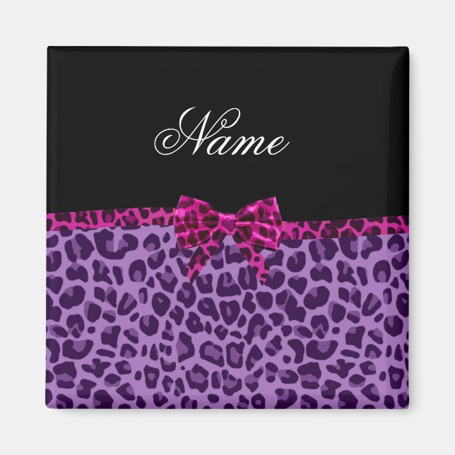 Personalised name purple leopard print pink bow magnet (Front)