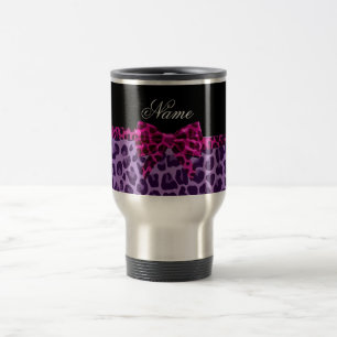 Personalised name purple leopard print pink bow travel mug