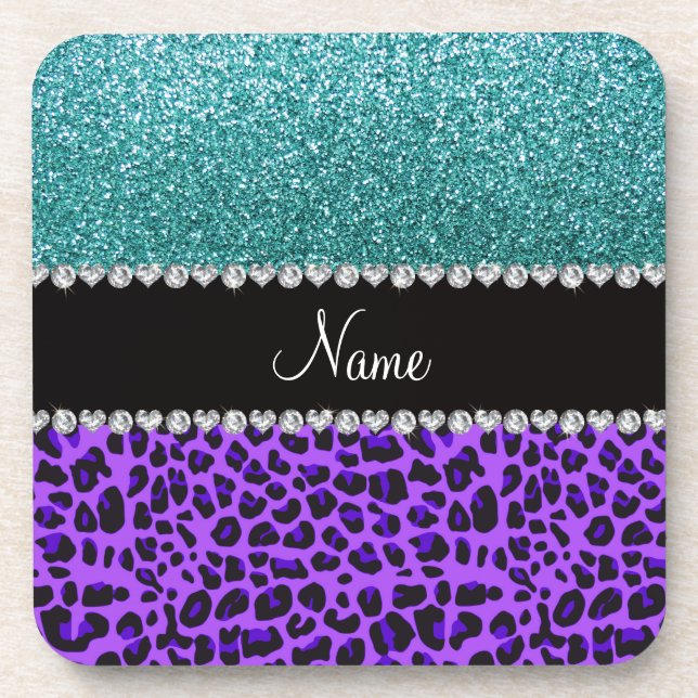 Personalised name purple leopard turquoise glitter coaster (Front)