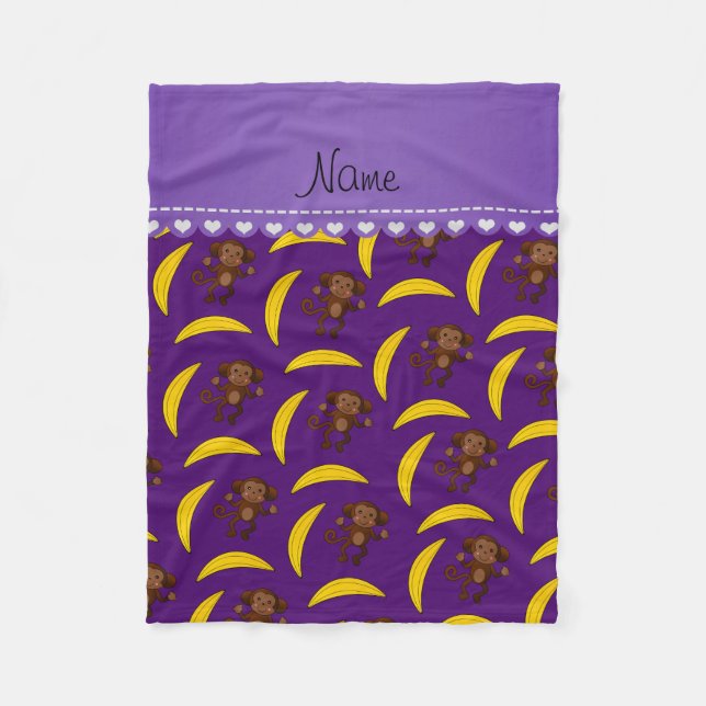 Personalised name purple monkey bananas fleece blanket (Front)