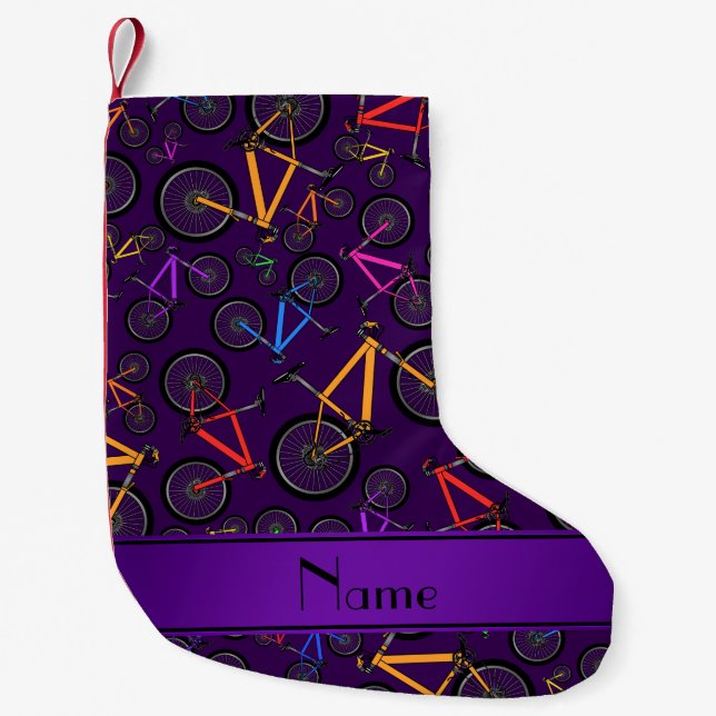 Personalised name purple mountain bikes small christmas stocking (Front)