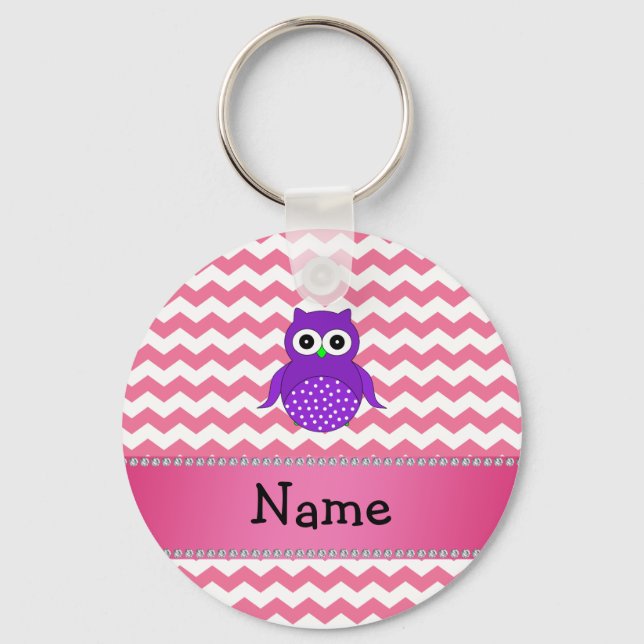 Personalised name purple owl pink chevrons key ring (Front)
