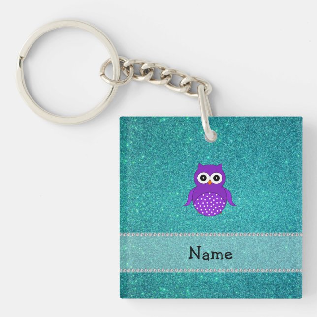 Personalised name purple owl turquoise glitter key ring (Front)