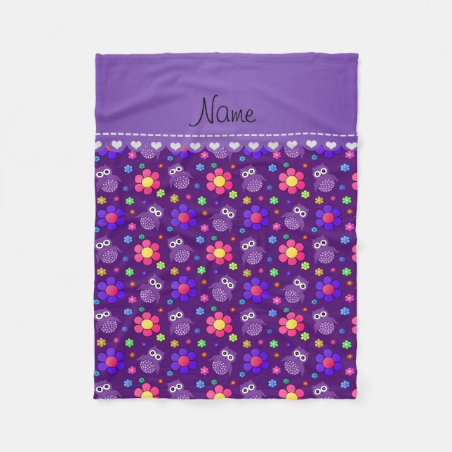Personalised name purple owls flowers pattern fleece blanket (Front)