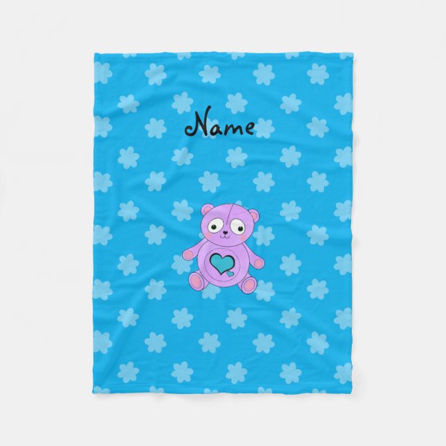 Personalised name purple panda blue flowers fleece blanket (Front)
