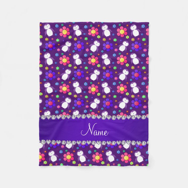 Personalised name purple penguins flowers fleece blanket (Front)