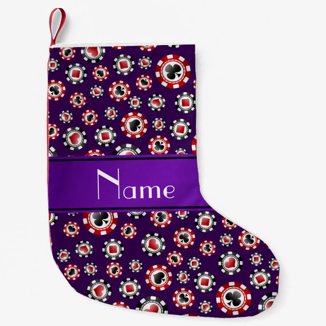 Personalised name purple poker chips small christmas stocking (Front)