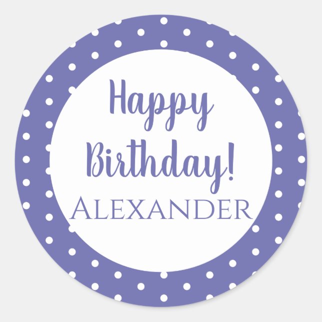 Personalised Name Purple Polka Dot Happy Birthday Classic Round Sticker (Front)