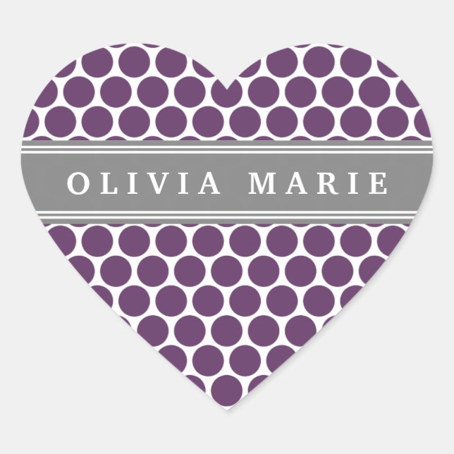 Personalised Name Purple Polka Dots Pattern Heart Sticker (Front)