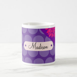 Personalised Name Purple Polka Dots Pink Flower Coffee Mug