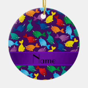 Personalised name purple rainbow narwhals ceramic tree decoration