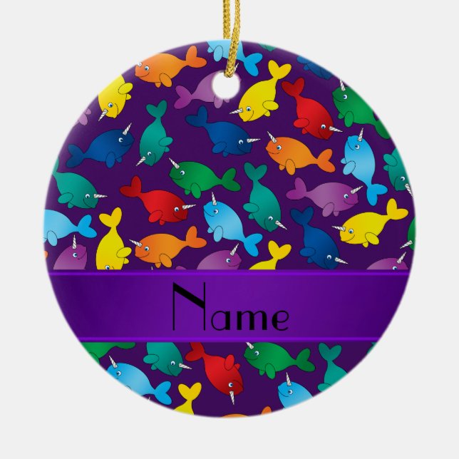Personalised name purple rainbow narwhals ceramic tree decoration (Front)