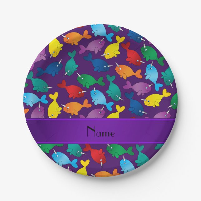 Personalised name purple rainbow narwhals paper plate (Front)