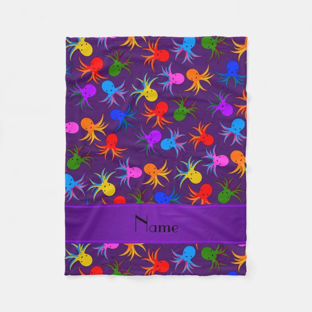Personalised name purple rainbow octopus fleece blanket (Front)