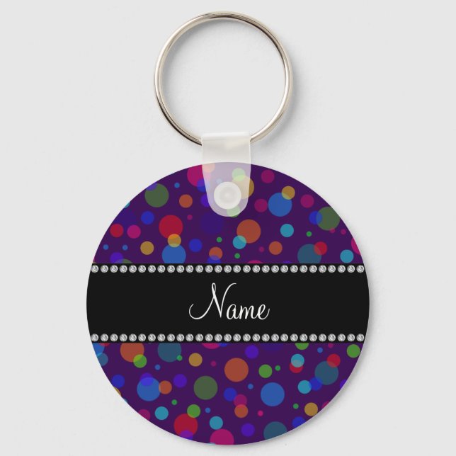 Personalised name purple rainbow polka dots key ring (Front)