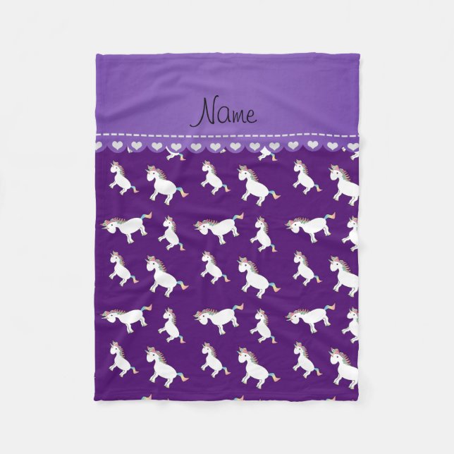 Personalised name purple rainbow unicorns fleece blanket (Front)