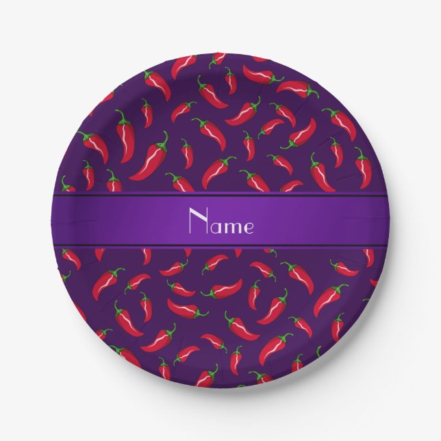 Personalised name purple red chilli pepper paper plate (Front)