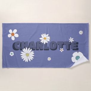 Personalised Name Purple Retro Style Flowers Beach Towel