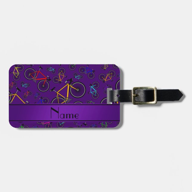 Personalised name purple road bikes luggage tag (Front Horizontal)