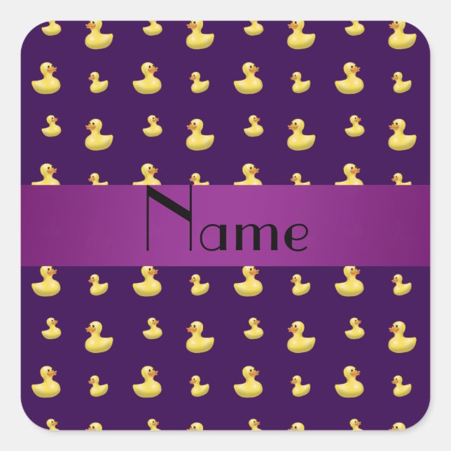 Personalised name purple rubber duck pattern square sticker (Front)