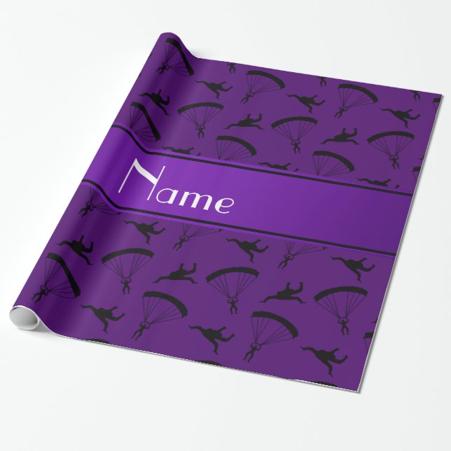 Personalised name purple skydiving pattern wrapping paper (Unrolled)