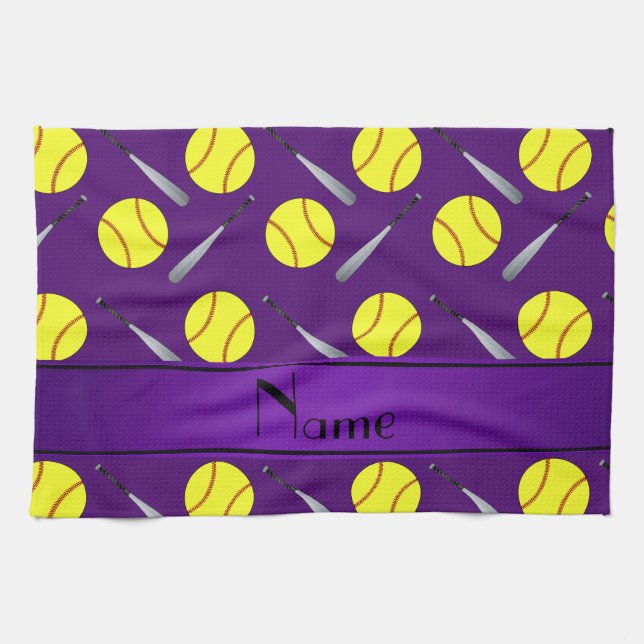 Personalised name purple softball pattern tea towel (Horizontal)