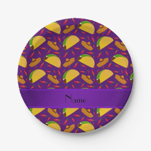 Personalised name purple tacos sombreros chilis paper plate