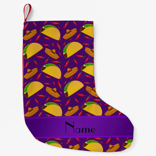 Personalised name purple tacos sombreros chilis small christmas stocking (Front)