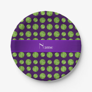Personalised name purple tennis balls pattern paper plate